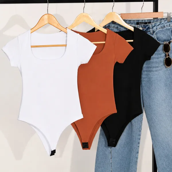 Kit 3 Body Feminino Decote Quadrado Manga Curta Tecido Suplex Moda Verão Tendência