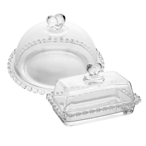 Kit de 2 peças: Manteigueira 17x10,5x10cm e Queijeira 19,5x13cm Cristal Coração com Tampa Lyor