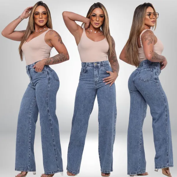 Calça ​Jeans Feminina Wide Leg Pantalona Marmorizada Cintura Alta 100% Algodão Premium