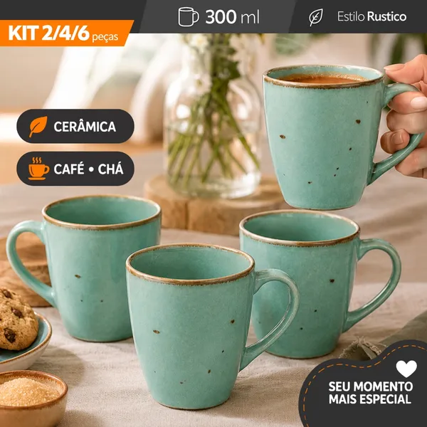 Kit 2/4/6 Canecas de Cerâmica 300ml Rustica – Colorida Premium - Café Chá Sucos