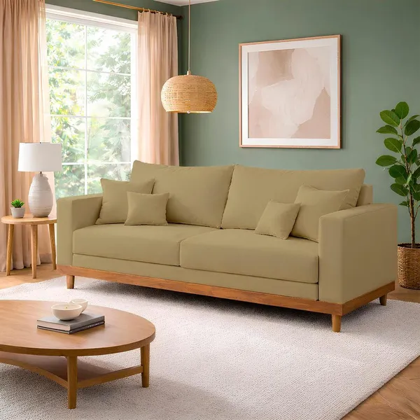 Sofá 3 Lugares Living Com Base Madeira Suede Balaqui Decor
