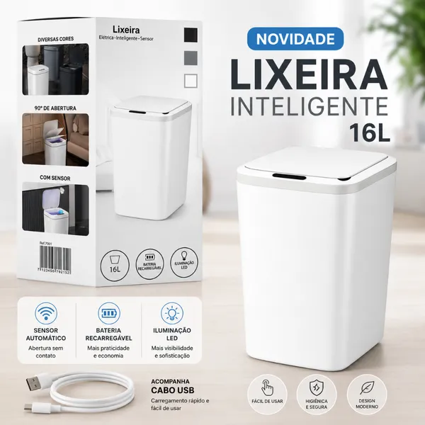 Lixeira Inteligente 16L Recarregável com Sensor Automático na Tampa