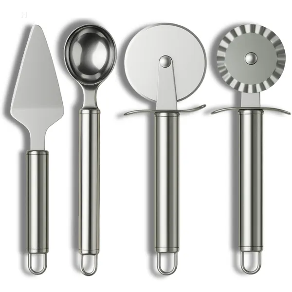 Kit 4 Peças Inox Cortador de Pizza, Carretilha Para Massa, Colher de Sorvete e Espátula de Bolo