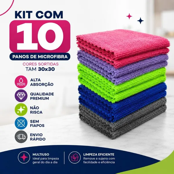 Kit 10 Panos Microfibra Alta Absorção Multiuso Não Risca Sem Fiapos Limpeza Casa Carro PM001-A