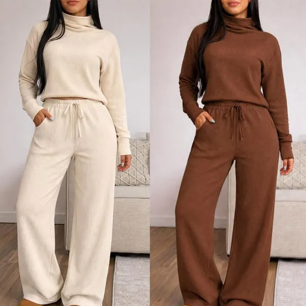 Conjunto Feminino Calça Pantalona e Blusa Gola Alta Manga Longa em Tecido Anarruga