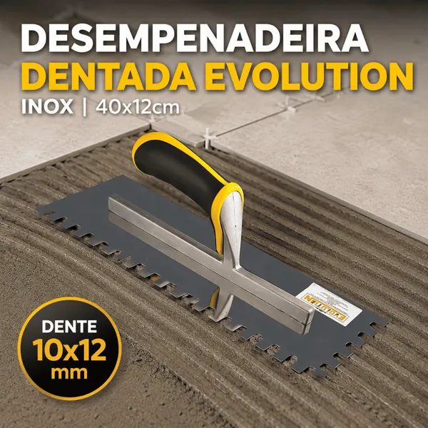 Desempenadeira Dentada Inox Evolution 40x12cm Dente 10x12mm P/ Argamassa Piso Revestimento