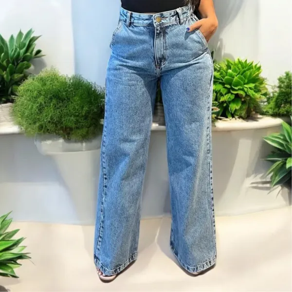 Calça ​Wide Leg Jeans Feminina Marmorizada Cintura Alta 100% Algodão Premium
