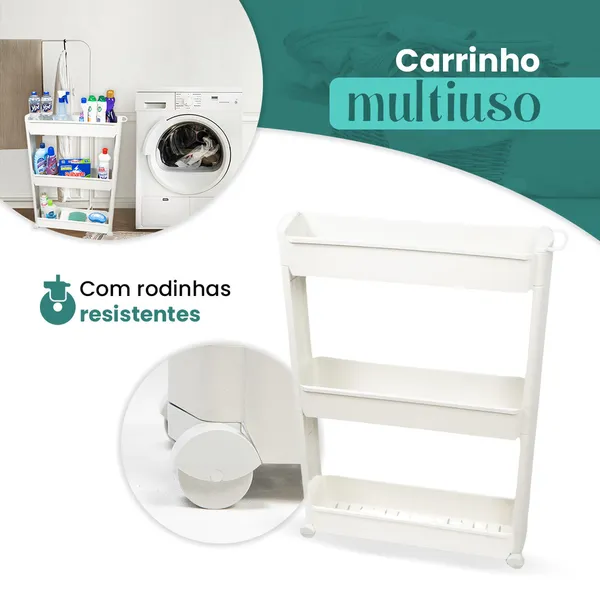 Prateleira Organizadora Rodinhas Multiuso com 3 Andares Desmontável Lavanderia