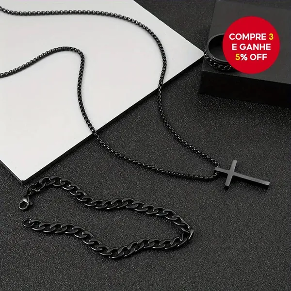 Conjunto de Colar Cruz Pendente & Pulseira de Corrente Cubana & Anel para Mulheres/Homens