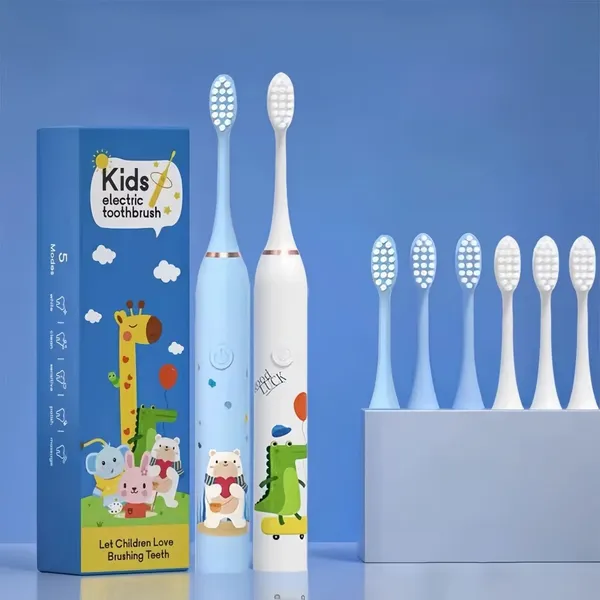 Escova de Dentes Elétrica Infantil Recarregável Bivolt USB + 4 Refis 500mAh ​22cm Ultra Macia P.HQ