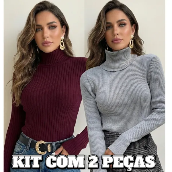 Kit 2 Blusas Feminina Cacharrel Tricô Básica Suéter Gola Alta Manga Longa Tricot