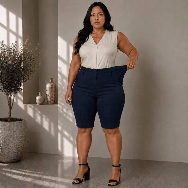 Bermuda Social Feminina Plus Size Com 2 Botões Tecido Bengaline Cintura Alta Alfaiataria 42 ao 52