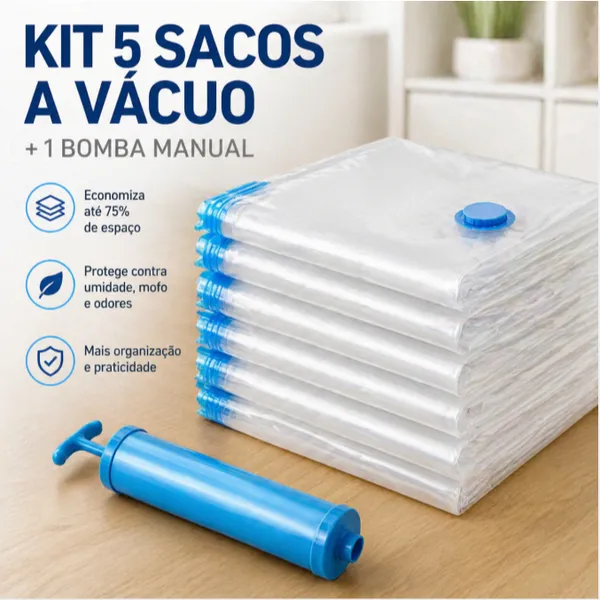Kit 5 Sacos Organizadores a Vácuo 50x60 + Bomba Manual para Viagem e Roupas, Reutilizável Economiza Espaço