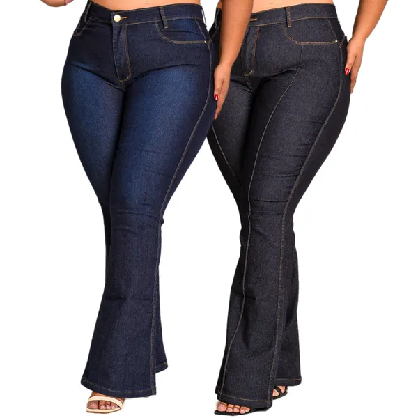 Kit 2 Calças Jeans Flare Plus Size Cintura Alta Boca De Sino Modeladora Empina Bumbum Confortável