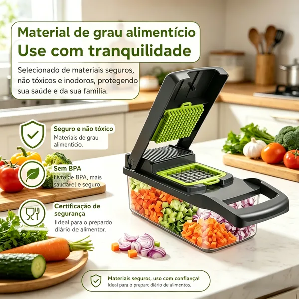 Cortador de Legumes Multifuncional 16 em 1 Aço Inoxidável Inclui Recipiente Coletor Ideal para Fatiar Ralar e Cortar