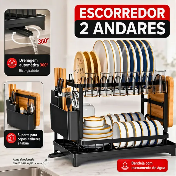 Escorredor de Louça Inoxidável Rack 2 Andares Drenagem Automática Bandeja 360º Organizador Pia