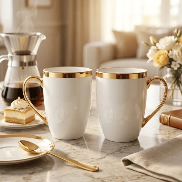 Jogo 2 Canecas Xícara de Porcelana 300ml Dourada Várias Estampas Luxo - Royale / Café, Chá / Cozinha