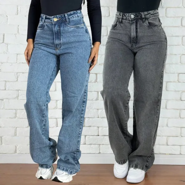 Kit 2 Calças Jeans Wid Leg Cos Alto Aumenta Bumbum Moda Feminina