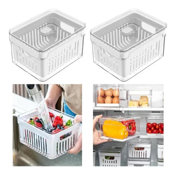 Kit 2 Organizadores Geladeira 2,2 Litros Alimentos Vegetais Com Cesto de Drenagem
