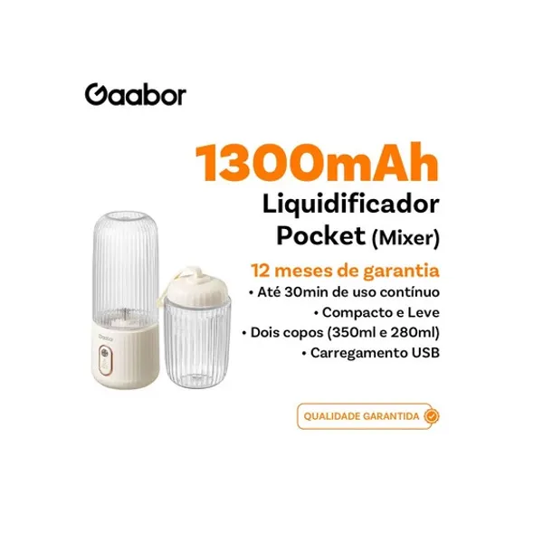Liquidificador Portátil Gaabor Pocket USB 350ml e 280ml Recarregável c/4 Lâminas Inox Bivolt Branco