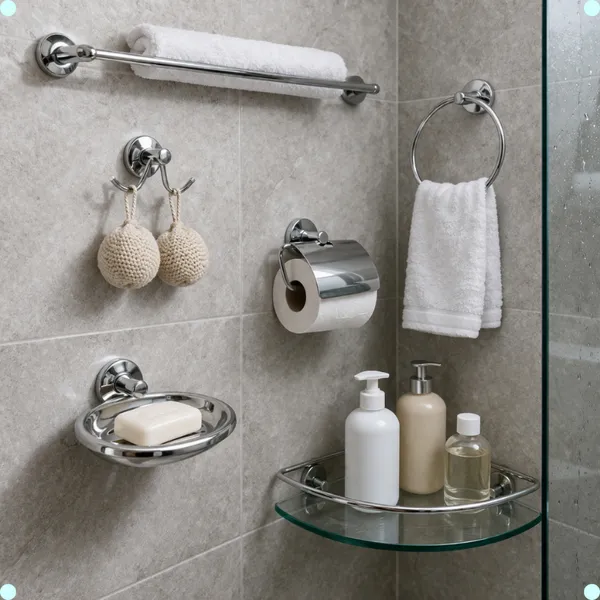 Kit De Acessorios Para Banheiro Inox Porta Shampoo Canto De Vidro