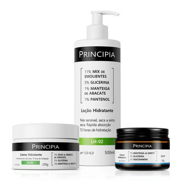 Principia Kit Trio Hidratação c/ Creme Hidratante Facial CH-01 + Loção Hidratante LH-02 500 ML + Creme Hidratante CH-02
