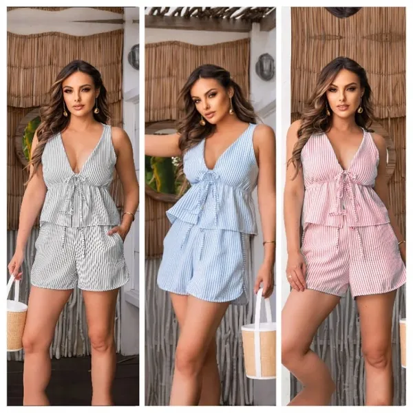 Conjunto Listrado feminino cropped babado amarrar short soltinho