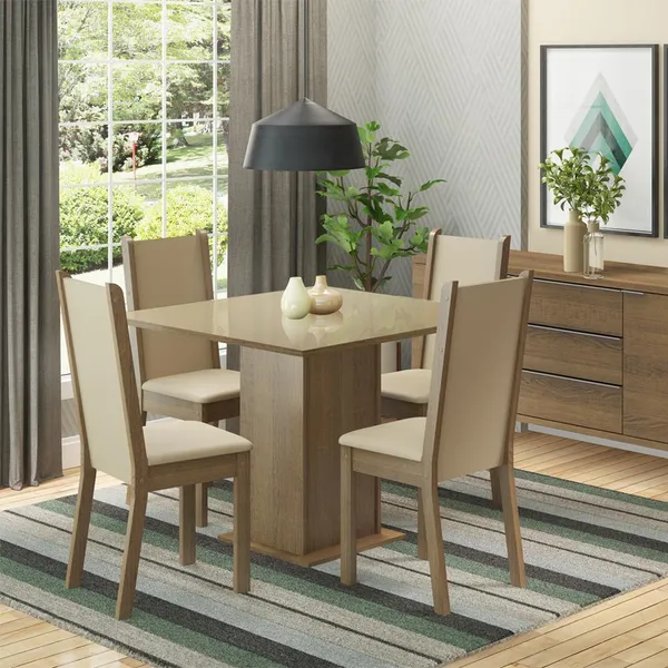 Conjunto Sala de Jantar Mesa Tampo de Vidro com 4 Cadeiras Rustic/Crema/Pérola Madesa Moscou Plus