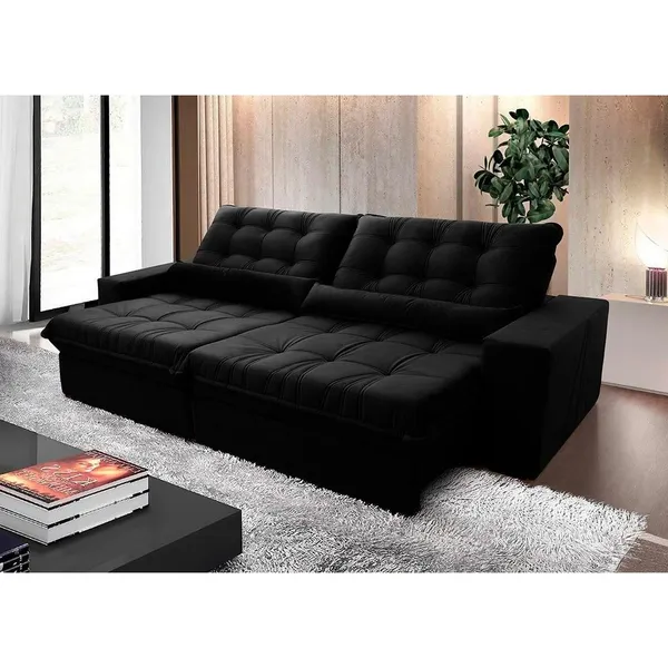 Sofá Retrátil Reclinável Zurique 2,50m Suede Velut Preto  Molas no Assento - King House
