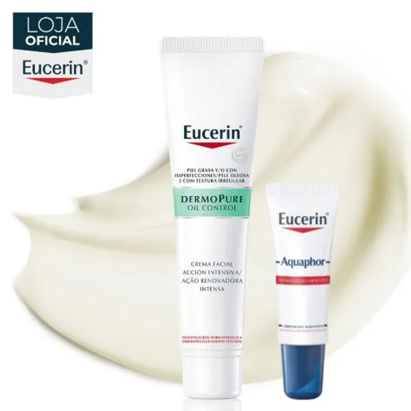 KIT EUCERIN Dermo Pure Creme Facial Antiacne Ação Renovadora Intensa 40ml + Aquaphor Reparador Labial 10ML