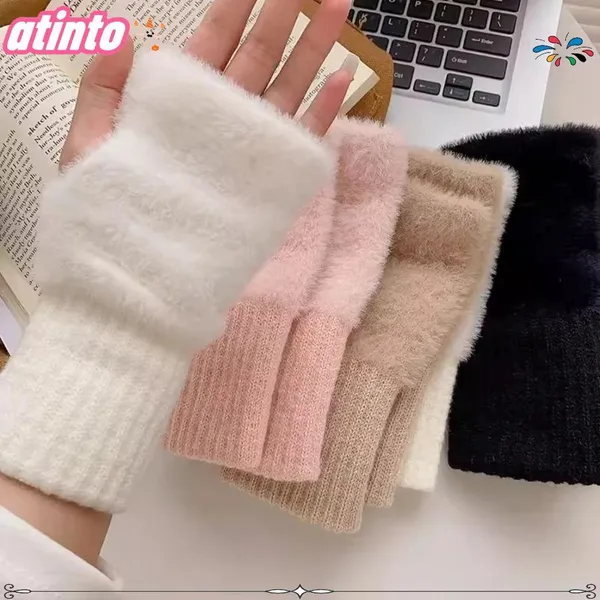 Luvas De Malha De Pelúcia ATINTO , Macias De Lã Com Meio Dedo Pulso De Cores Sólidas Outono Inverno
