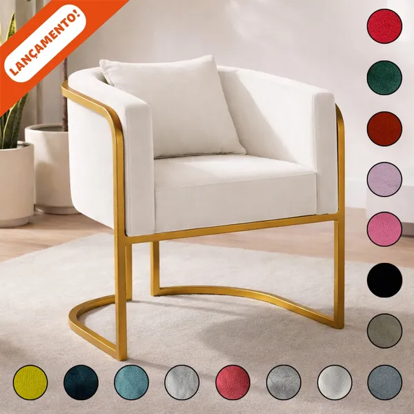 Poltrona Para Sala Decorativa Lavinia Luna com Almofada Base de Ferro Dourada Suede Aninha Decor