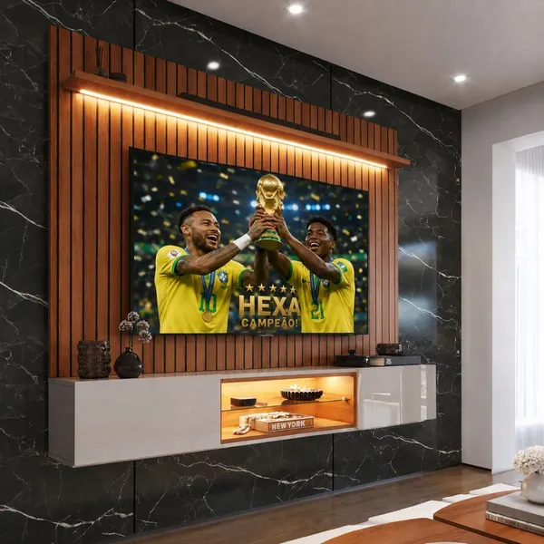 Painel com Rack Copa do Mundo Milano para TV até 70” com LED, Nicho Iluminado e Portas Basculantes