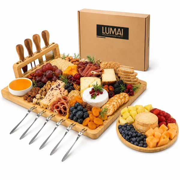Kit Tábua Para Servir Grande Queijos Frios e Petiscos com Petisqueira Bambu de Polimento Duplo LUMAI