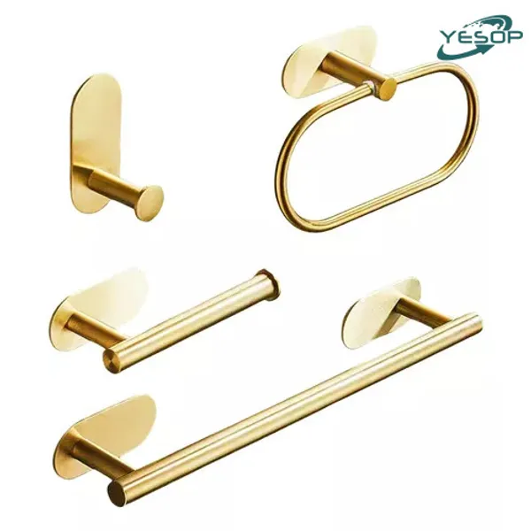 YESOP Kit Acessórios Banheiro 4 Peças Inox Sem Furo Adesivo Premium Parede Moderno Luxo Dourado