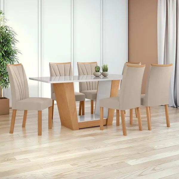 Mesa 1,70 Apogeu com Vidro e 6 cadeiras.Apogeu Veludo Naturale Creme Amêndoa Clean/Off White