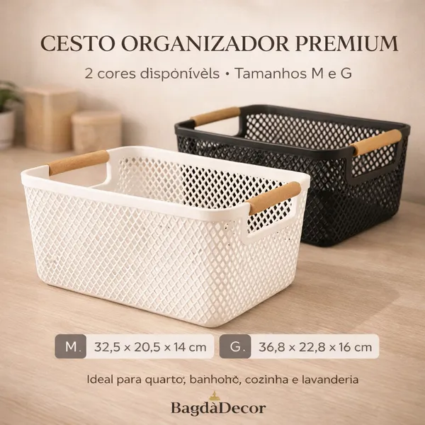 Cesto Multiuso com Alça de Bambu | Organizador Elegante para Banheiro, Cozinha ou Lavanderia