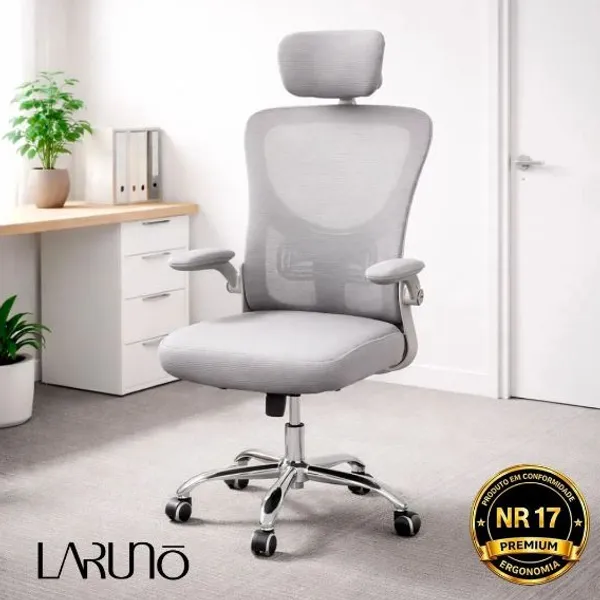 Cadeira de Escritório Ergonômica Cinza com Apoio Lombar, Braços Ajustáveis e Encosto Mesh – LARUNO