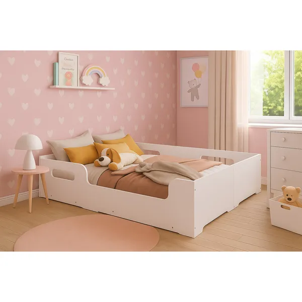 Cama Casal Montessoriana Infantil Princesa Grade de Proteção Lateral Menina Moderna MDF - Branco