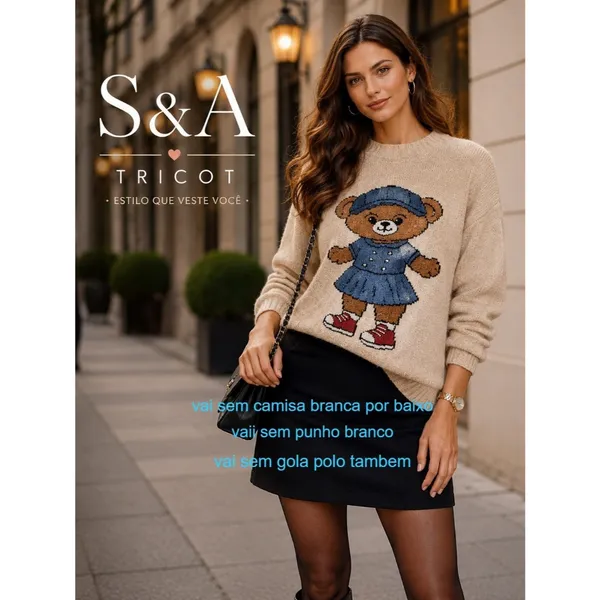 Blusa Suéter Tricot Bear Ursinho  Detalhe Fio Mousse ​Lançamento 2026 Outono Inverno Novidade