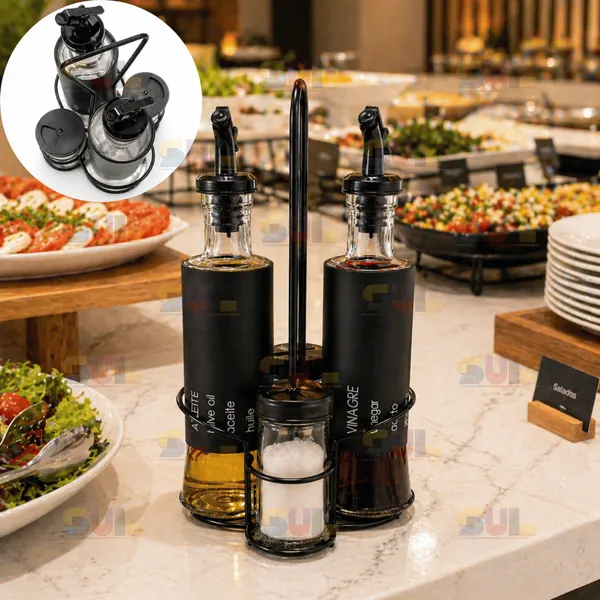 Kit 5 Peças Galheteiro Vidro GRANDE 300ml + Porta Condimentos 85ml c/ Suporte e Dosador