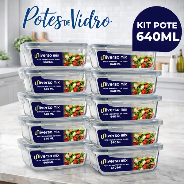 Kit 10 Potes Herméticos De Vidro 640ml Retangular Com Tampa Hermética 4 Travas Marmita Fitness Freezer Cozinha