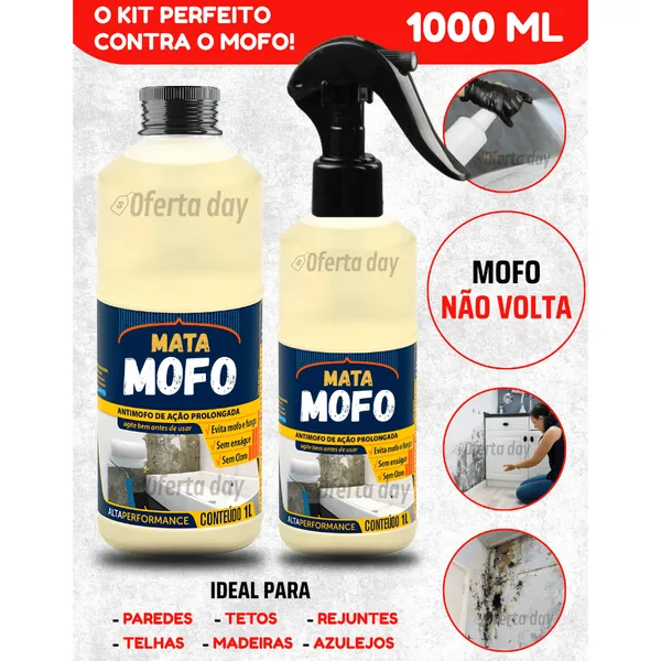 Tira Mata Mofo PREMIUM Com Spray Anti Não Volta Elimina Parede Teto Piso 1LT Armário Madeira Bolor