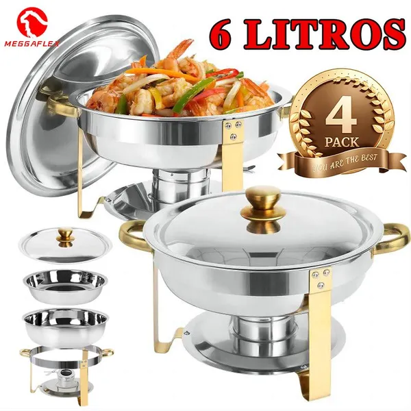 Rechaud Buffet Redondo Dourado Aço Inox com Tampa Inox Quente e Frio Premium para Festas Eventos Catering MEGGAFLEX
