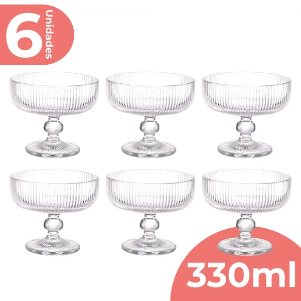 Jogo 6 Taça Sobremesa Vidro Sorvete Açai 330ml Canelado Luxo