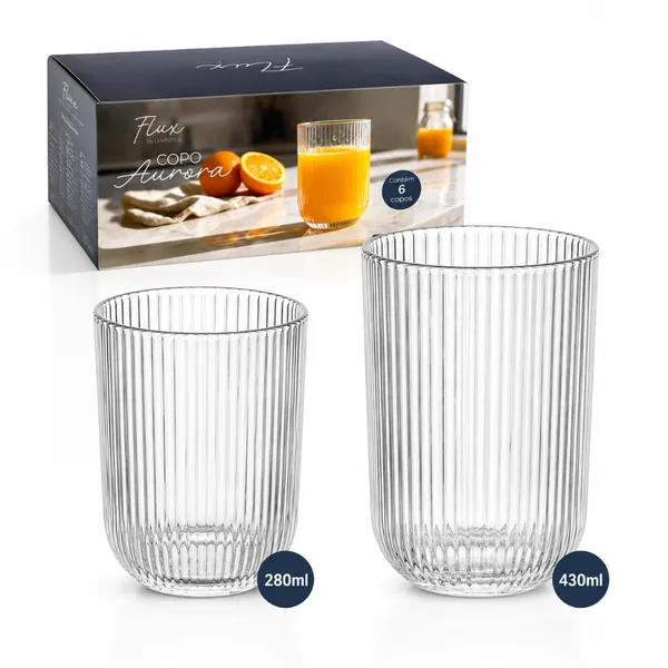 Conjunto 6 Copos Canelado Transparente Versalhes Grafiato Drink Suco 280ml