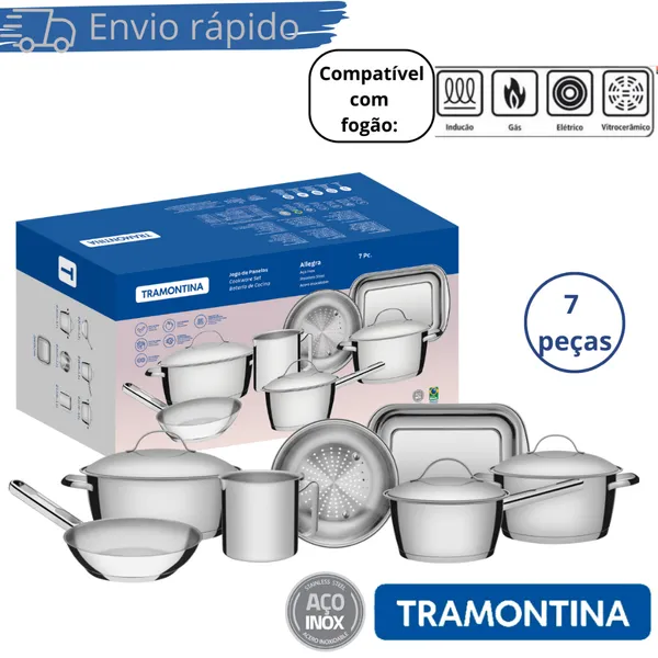 Conjunto Jogo de Panelas Allegra Aço Inox Fundo Triplo Tramontina 7 Peças Compatível Fogão Indução