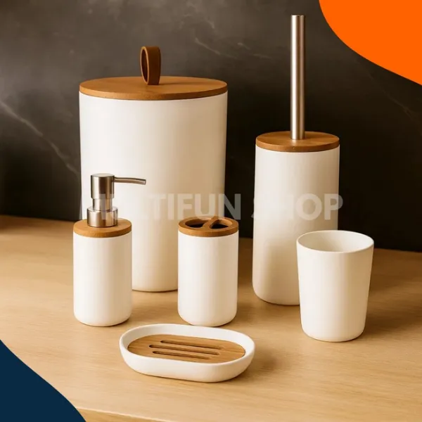 Kit Banheiro 6 Peças em Bambu e PP – Design Sofisticado para Banheiros Organizados