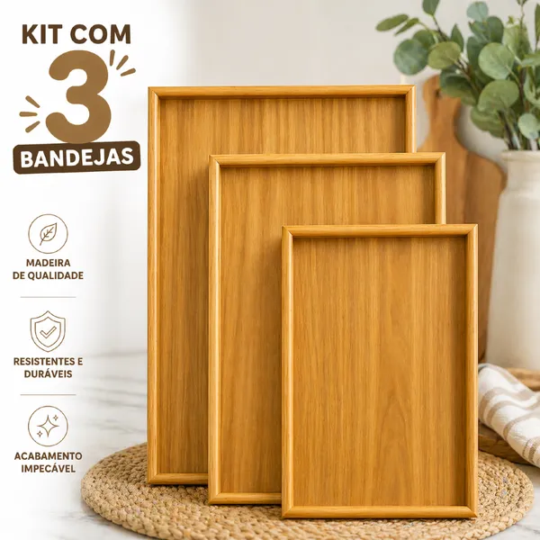 Kit 3 Bandejas De Bambu MDF Retangular Para Cozinha Servir Café da Manhã Decorar Conjunto Moderna e Elegante