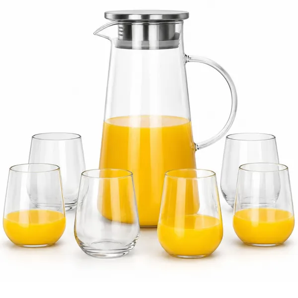 Kit Jarra Borossilicato Tampa Inox 1,9l + 6 Copos 450ml Agua Suco chá transparente